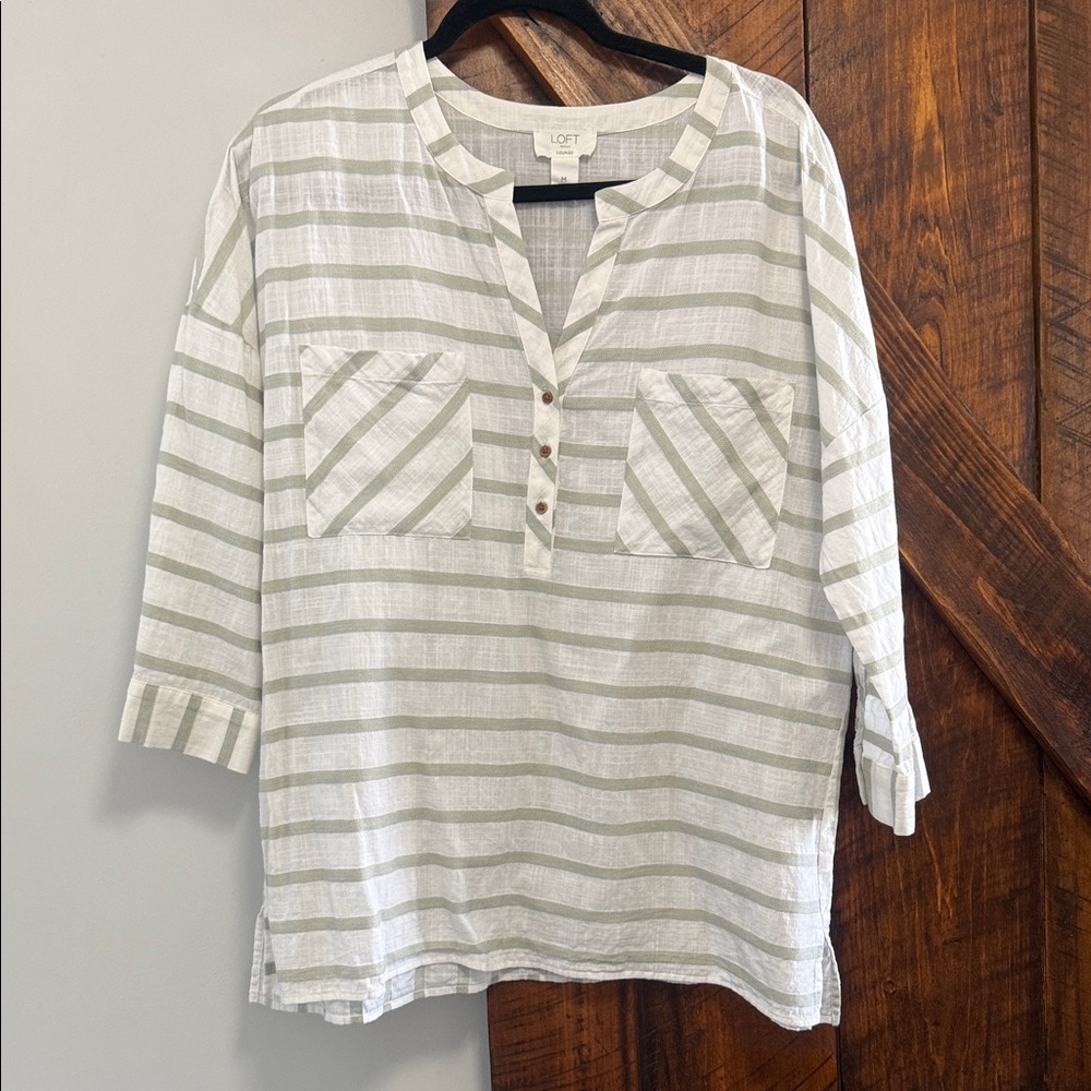 LOFT White and Gray Striped Button-Down Blouse